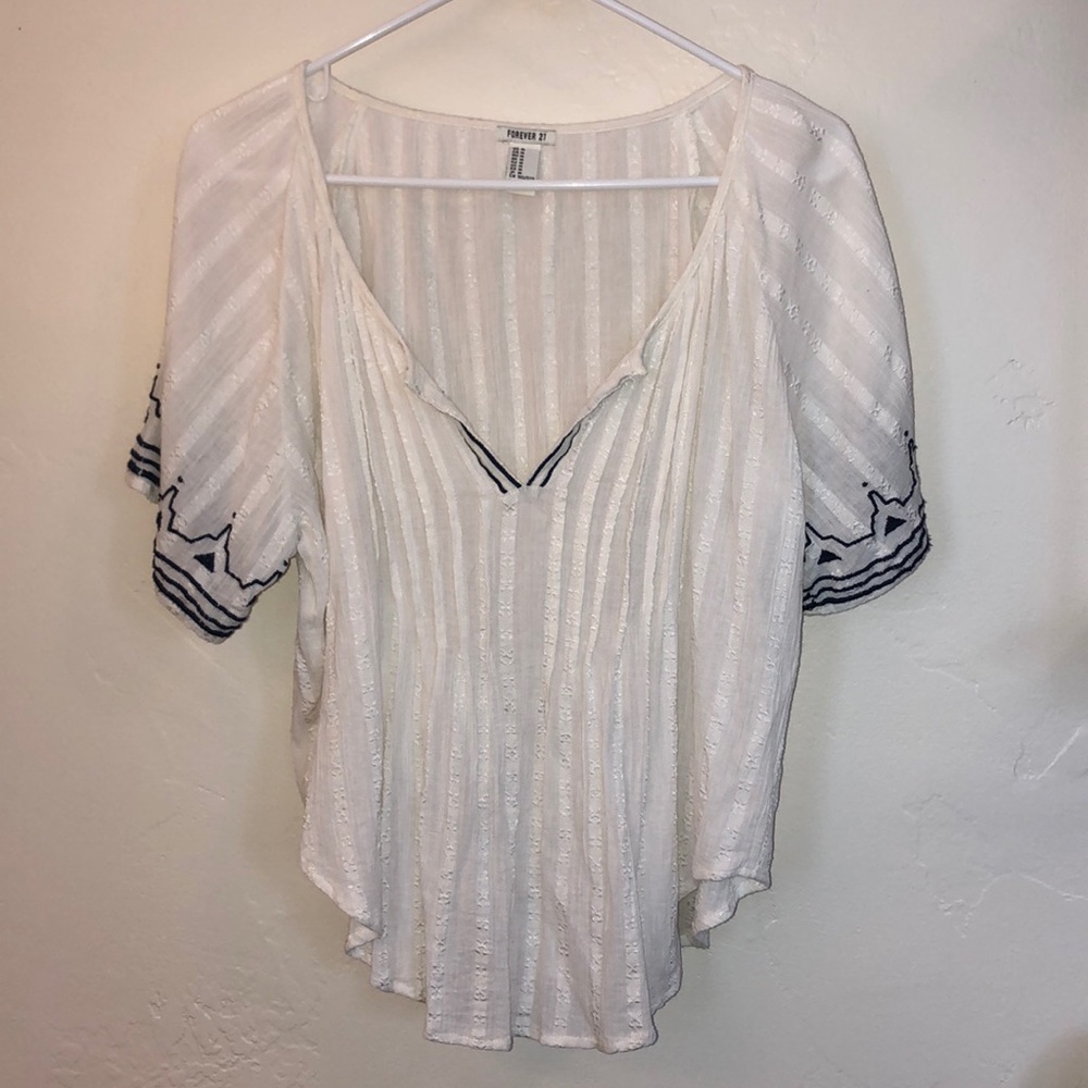 White and navy embroidered forever 21 top